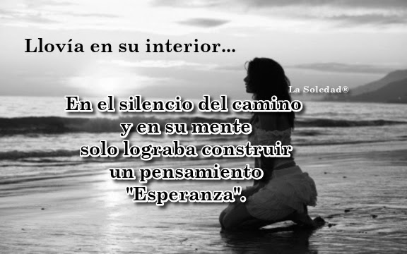 Llovía en su interior... De pie entre dos mundos, la joven sentía perdida la mirada al otro lado de su ser. Contemplaba en su reflejo impasible, como una a una iban resbalando las lágrimas por su rostro, lo recorrían lentamente, algunas reposaban entre sus pestañas antes de lanzarse a la aventura de su recorrido.Estaba de espaldas al mundo, cubierta solo por un manto de impotencia y un sentimiento de pérdida.