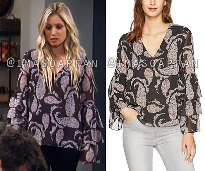 Lulu Spencer Falconeri, Emme Rylan, Black Floral Paisley Blouse with Tiered Ruffled Sleeves, Bailey 44, General Hospital, GH