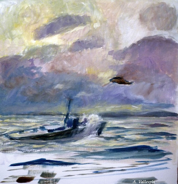 Pintura al óleo de un rescate en el mar primer boceto