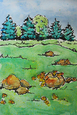 artist journal drawing of rocks in a field