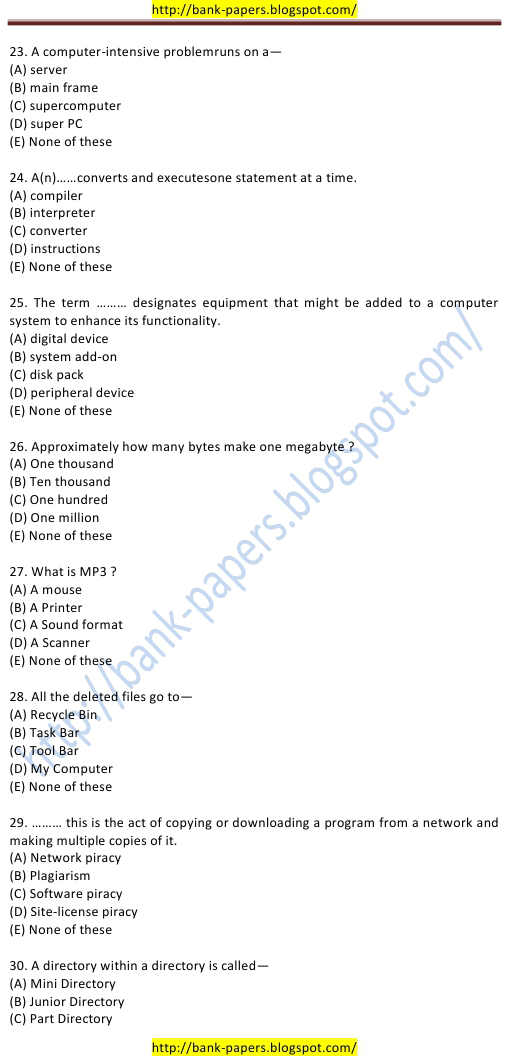 Bank Computer Question Papers