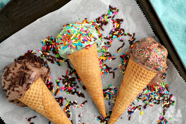 Grab all of the sprinkles out of the pantry, & let the kiddos go crazy putting their favorite sprinkles on their scoops of Moose Tracks Ice Cream. This is also a fun dessert idea for a backyard BBQ or summer get-together.