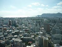 Mount Hakodate, ocean and Hakodate city as seen from Goryokaku Tower