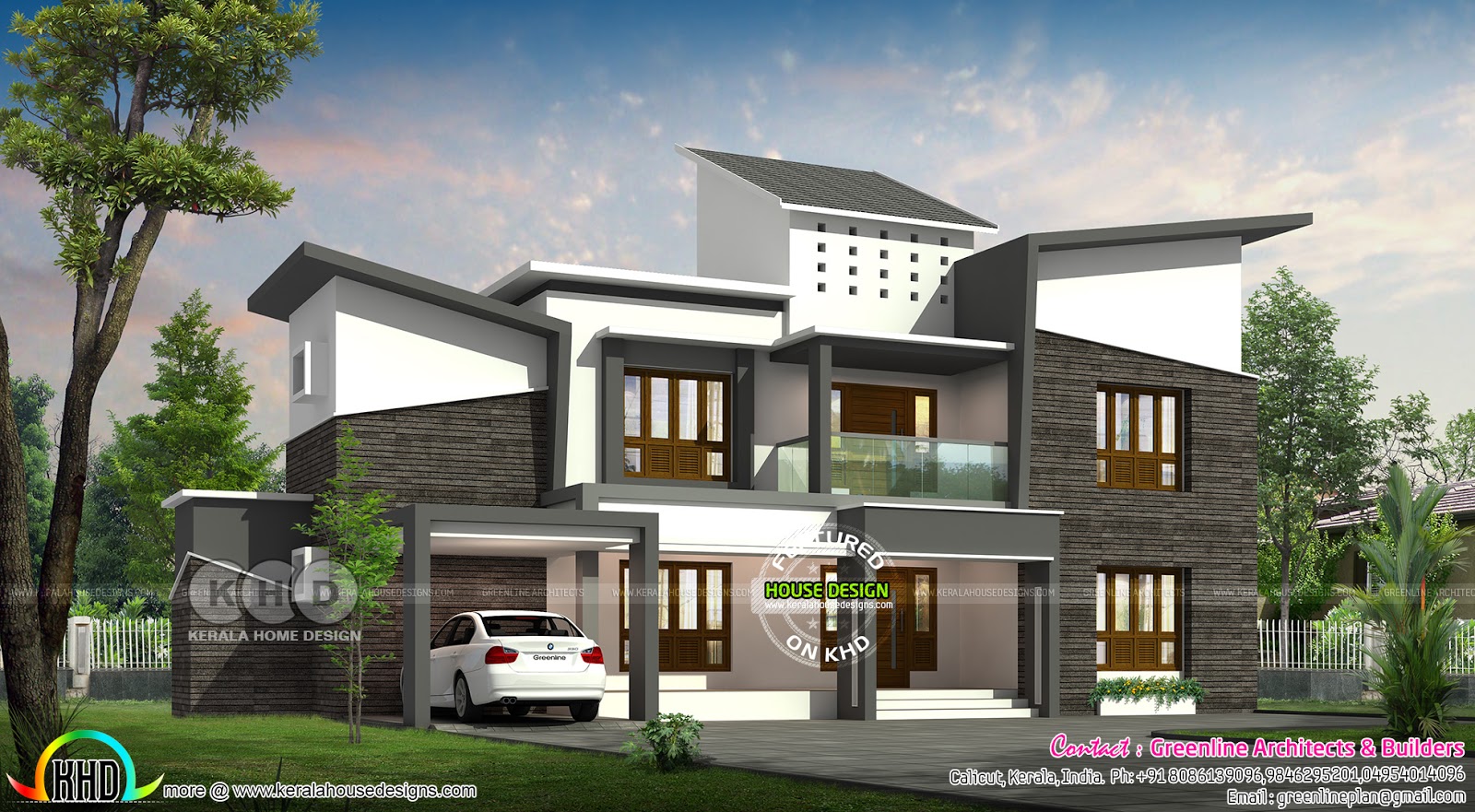 Slanting roof 5 BHK 3640 sqft contemporary house Kerala Home Design