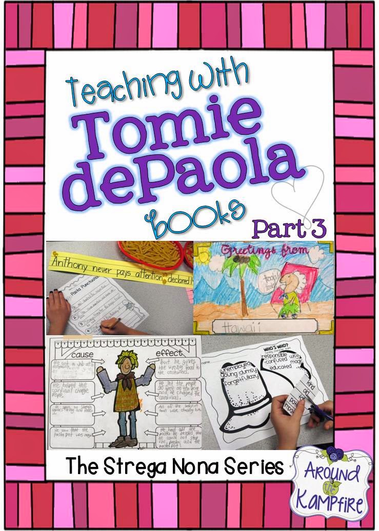 This teacher shares lots of creative ideas and activities in a four-part blog series for teaching reading comprehension, story structure, and forming analogies as well as ideas for anchor charts when teaching with The Strega Nona series Tomie dePaola | Around the Kampfire blog 