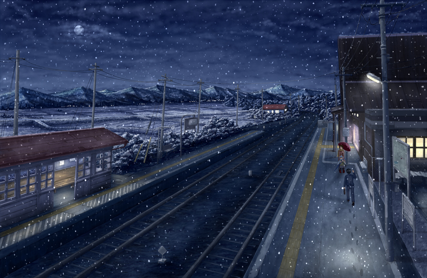 landscape+night+original+scenic+scenery+snow+anime+train