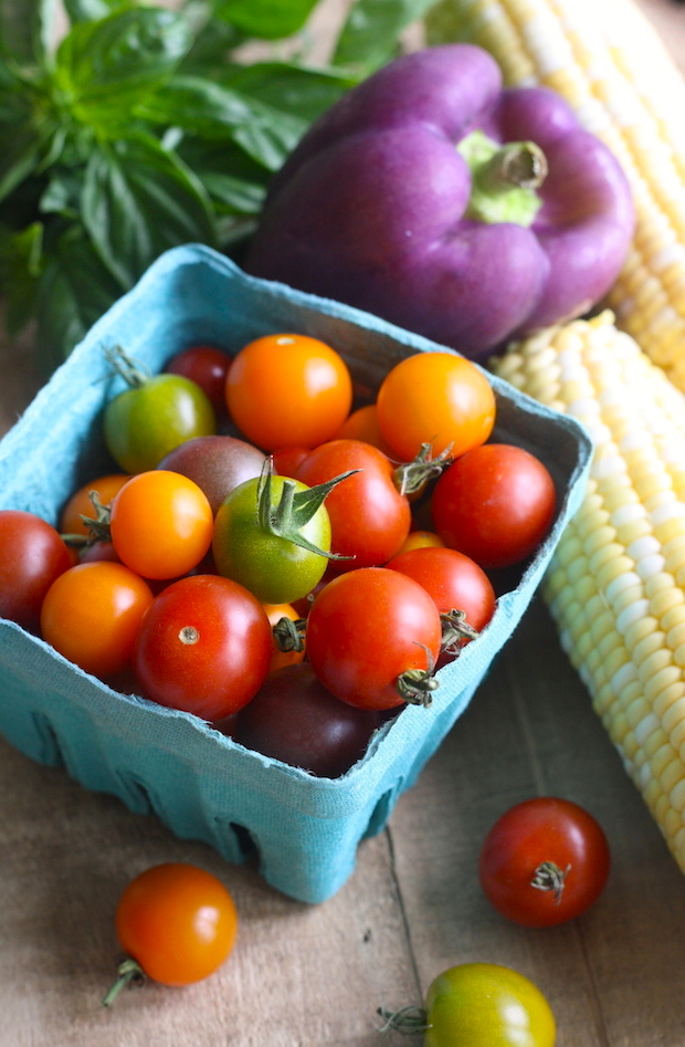 lime basil, cherry tomatoes, purple bell pepper, and sweet corn