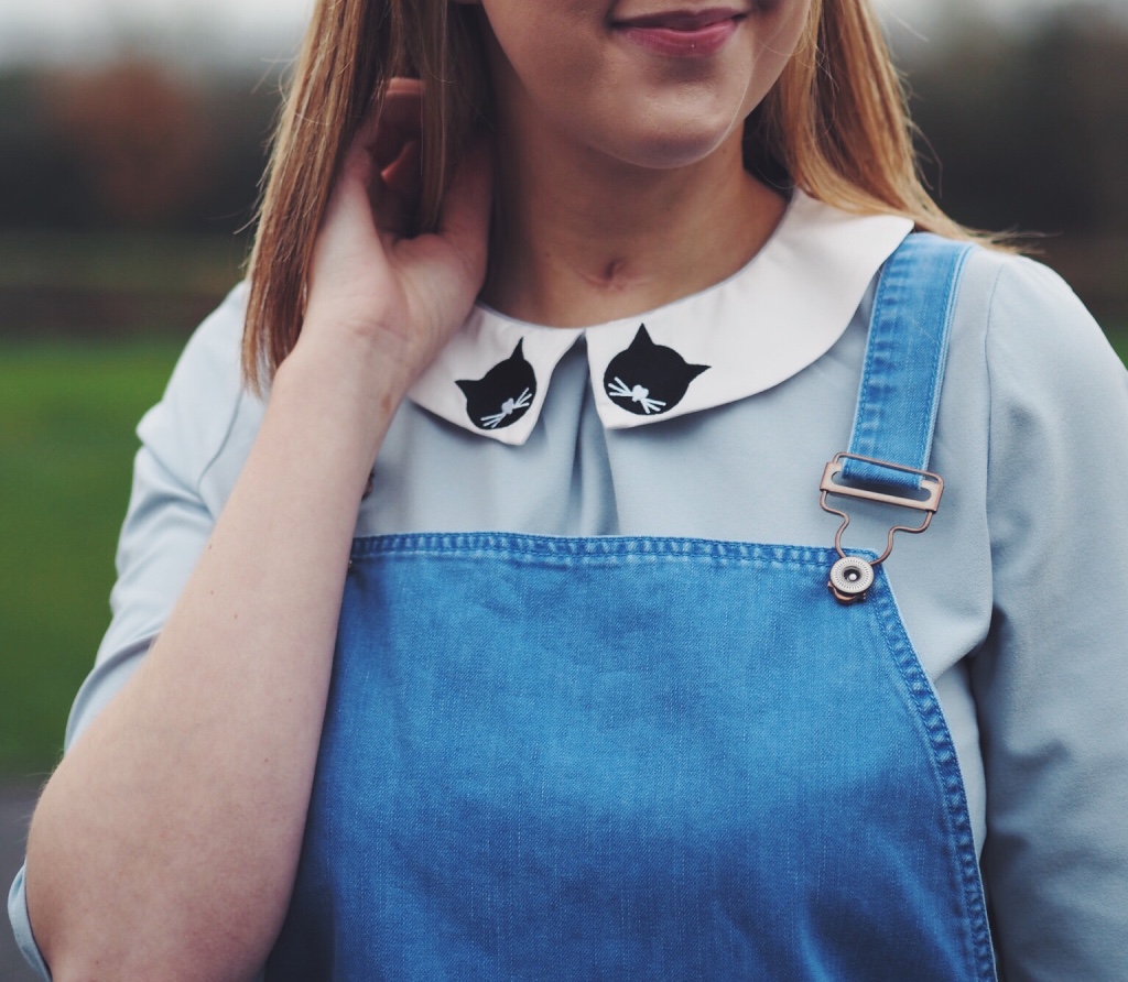 newlook, denimpinafore, pinaforedress, wiw, whatimwearing, sugarhillboutique, sugarhillboutiquecattop, asseenonme, ootd, outfitoftheday, lotd, lookoftheday, ASOS, chelseaboots, perterpancollar, fbloggers, fblogger, fashionblogger