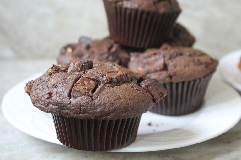 Bakery Style Double Chocolate Chunk Muffins Recipe - Yummy Tummy