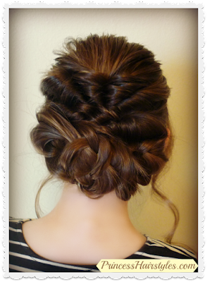 Romantic updo with twists and braids hair tutorial.