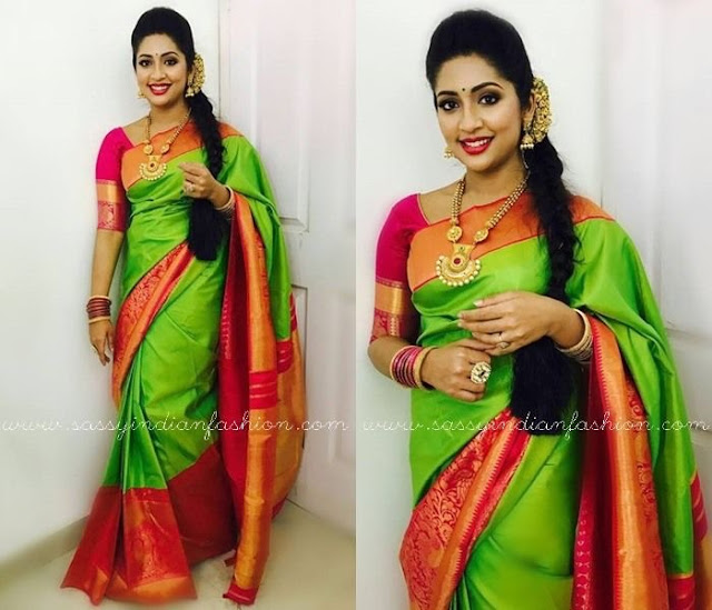 Navya Nair Green Traditional Silk Sari