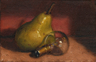 Oil painting of a green pear beside a spherical light bulb.
