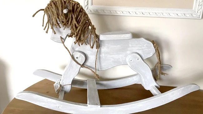 repainted with chalky paint vintage wooden rocking horse with jute mane www.homeroad.net