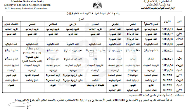 فلسطين جدول امتحانات الثانوية العامة "التوجيهي" 2013 