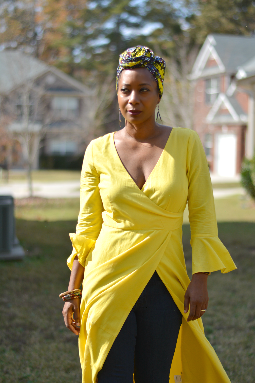 surplus yellow maxi dress worn with african print head wrap