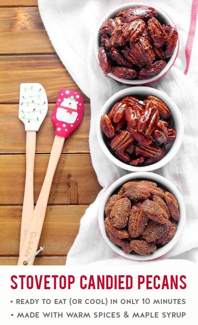 Learn how to make addicting candied pecans on the stovetop in as little as 10 minutes. This quick & easy recipe uses simple pantry ingredients like maple syrup, granulated sweetener, warm spices, butter, and vanilla extract so you can fix a batch last-minute for salads, desserts, snacks, or homemade gifts. That is if you don't eat them all yourself... (gluten-free, grain-free & vegetarian)