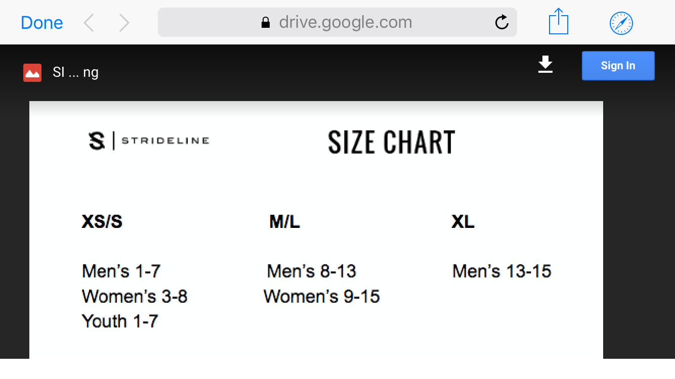 Strideline Size Chart