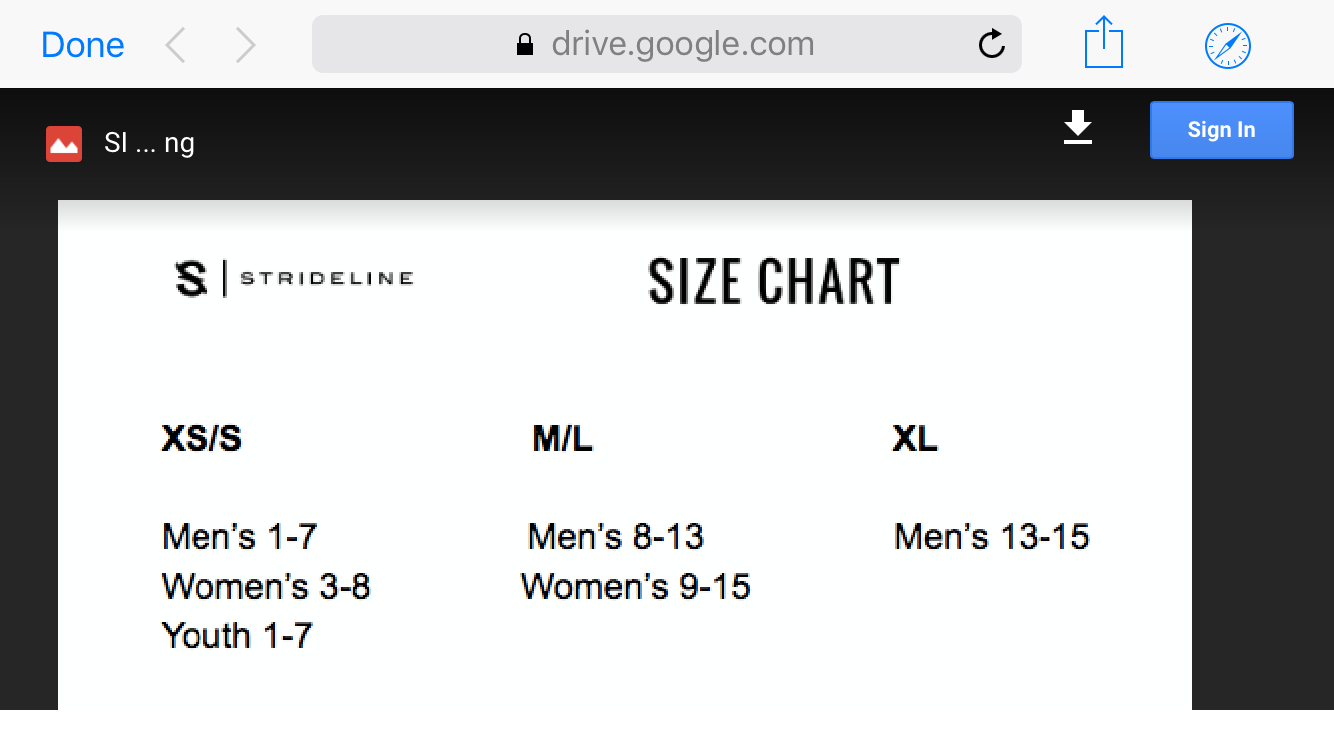 Strideline Socks Size Chart