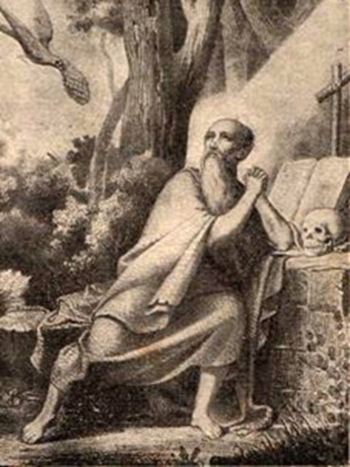 En la imagen San Antonio ermitaño junto a la calavera y recibiendo pan de un ave que lo lleva en la boca.