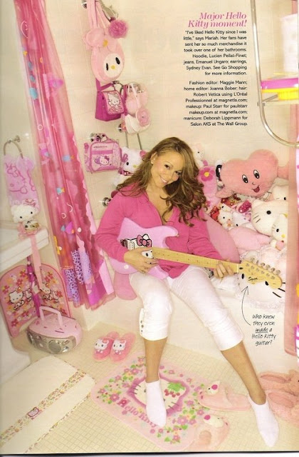 Mariah Carey in her Hello Kitty bathroom with huge Hello Kitty collection