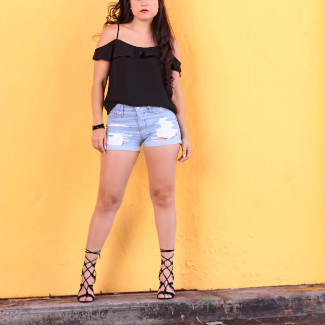 Chic by V High Waisted Denim Shorts and Lace Up Heels