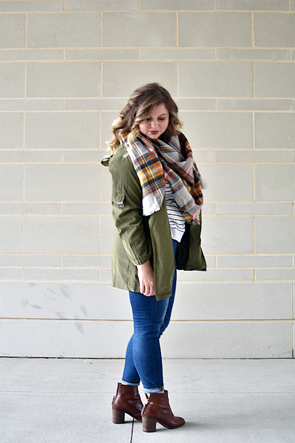 shein green drape jacket army military jacket zara plaid blanket scarf jcrew toothpick skinny jeans madewell brown leather booties fall outfit inspiration ootd bp stripe shirt nordstrom3