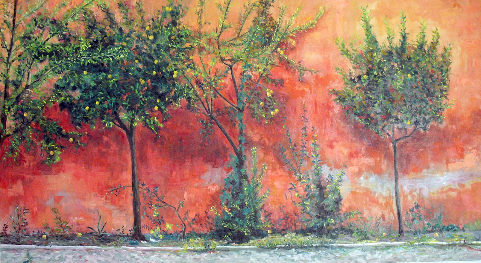 guirnalda Arena aislamiento achefeliz: Óleo sobre lienzo. "Los árboles delante del muro rojo"