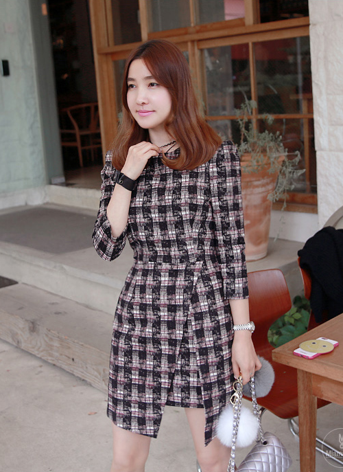 [Miamasvin] Check Shift Dress with Front Cutout | KSTYLICK - Latest Korean Fashion | K-Pop ...