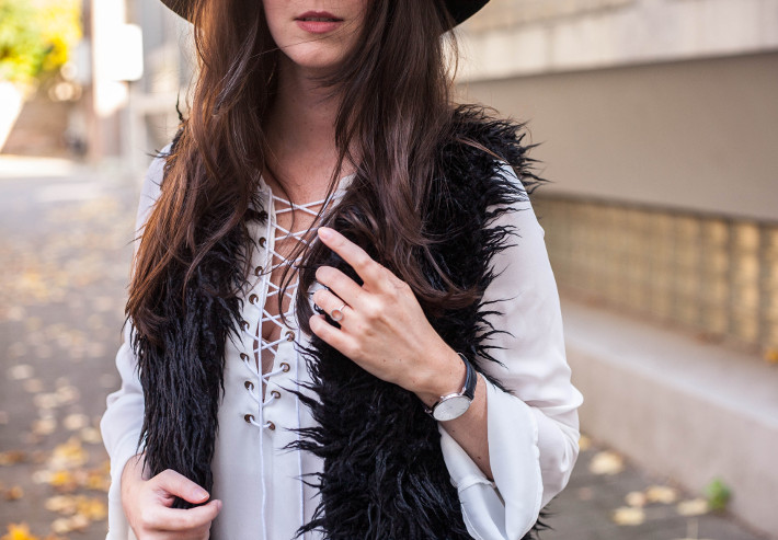Outfit: lace up top, shaggy faux fur