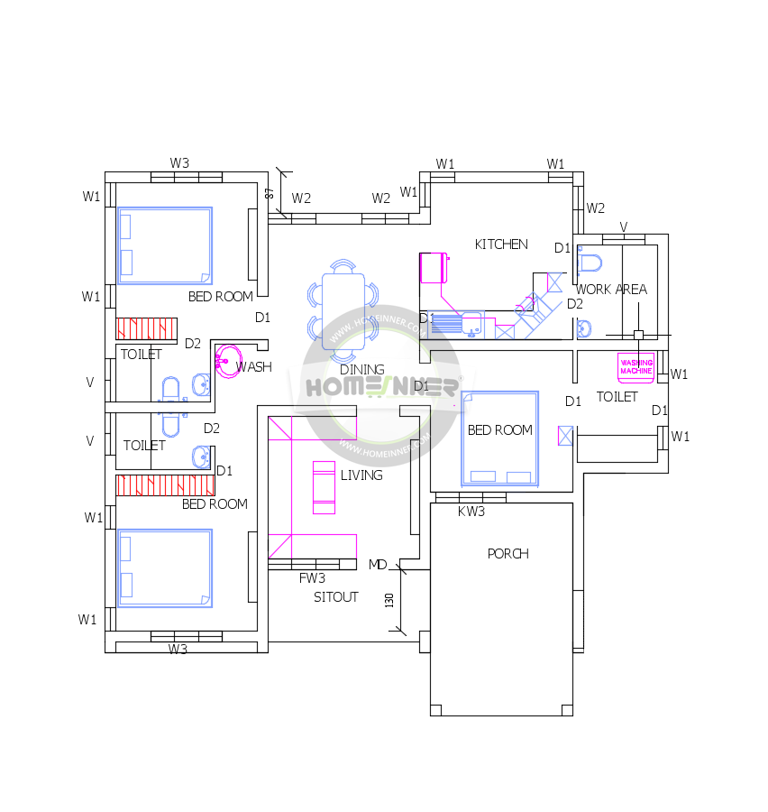 Free Three Bedrooms 1200 Square Feet Low Cost Villa Floor Plan