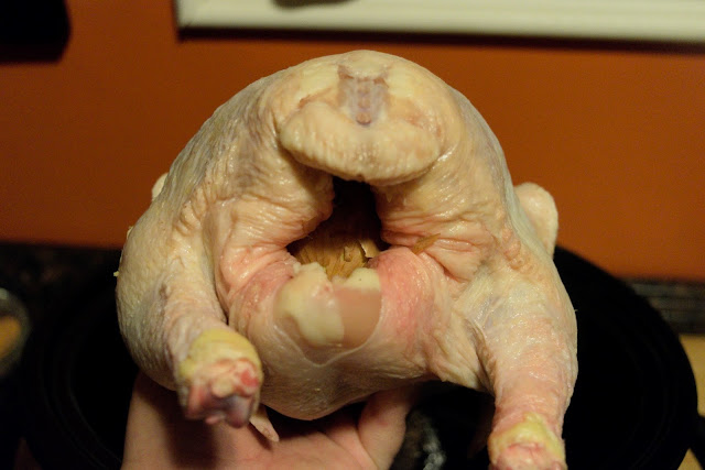 A picture of and onion, cut in half, and stuffed in the cavity of the chicken.