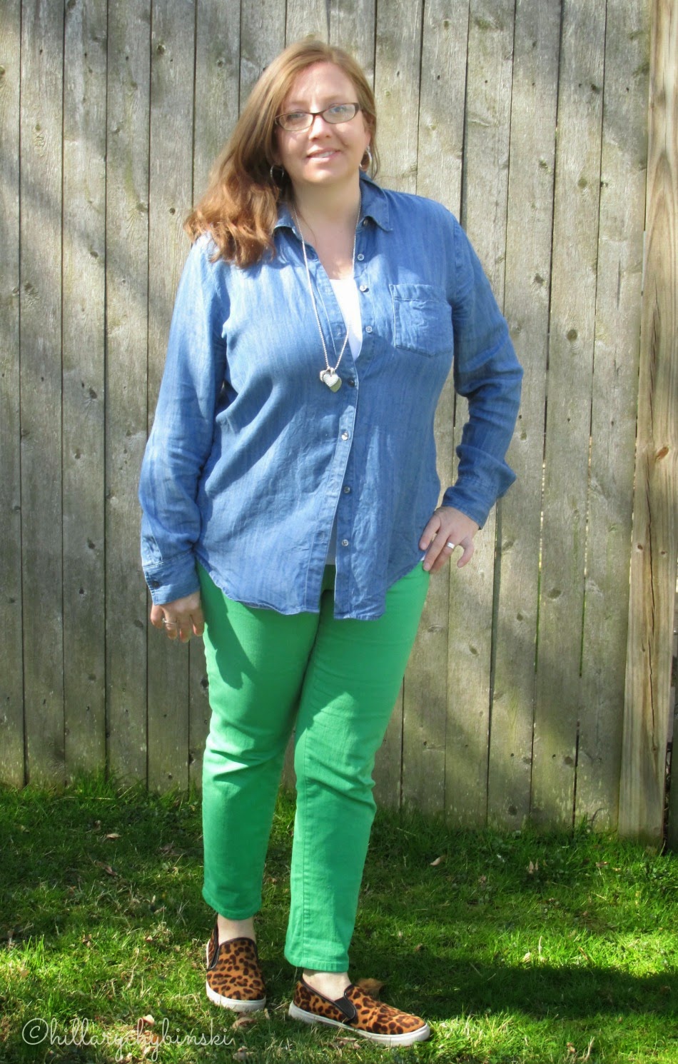 Colored Jeans Styled for Spring - Green Jeans with a Denim Top