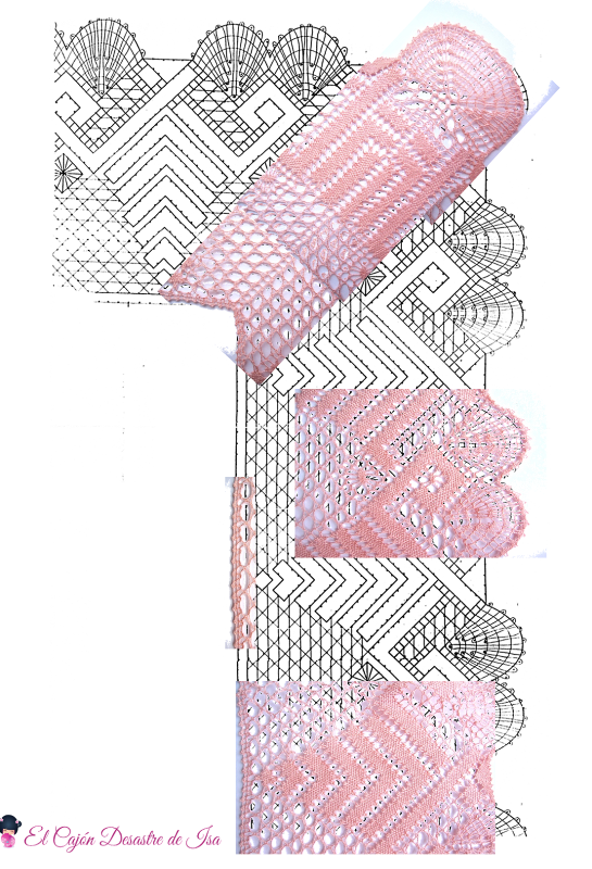 fotomontaje sobre esquema-picado puntilla con esquina de encaje de bolillos número 2 de pie, punto de París, punto de tejido, arañas y trenzas de 4 cabos