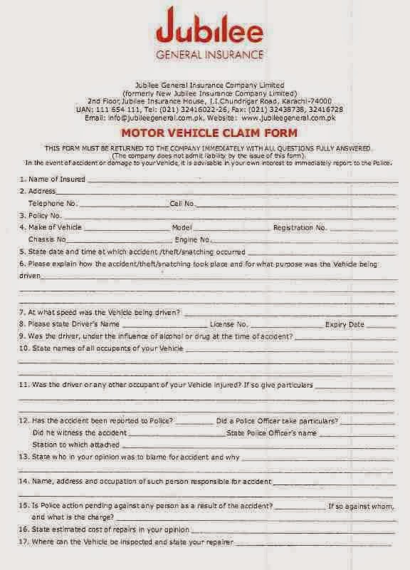 NEW JUBILEE GENRAL INSURANCE CLAIM FORM & SATISFACTION NOTE