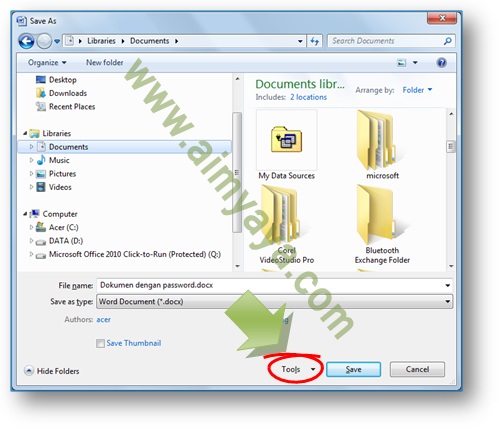 Gambar: cara mempergunakan save as dialog untuk membuat password dokumen microsoft word