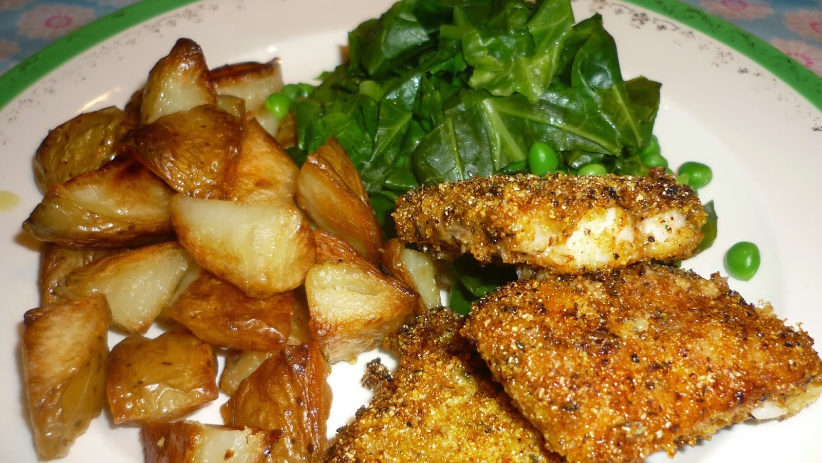 Kitchen Fairies Cajun cod, tiny roasties spring greens and peas