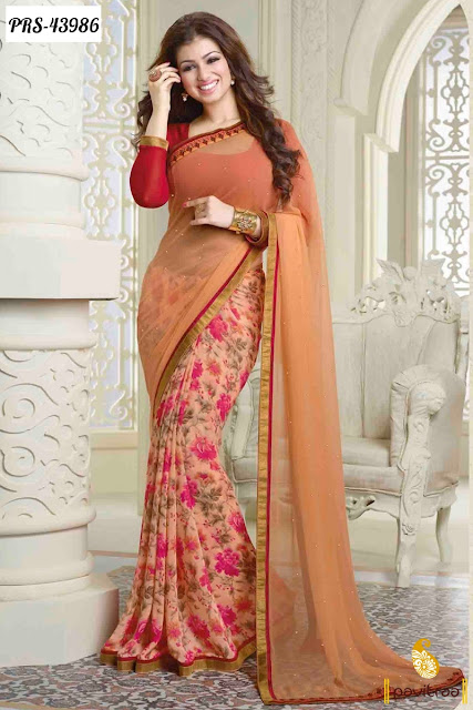 Bollywood Movie Actress Ayesha Takiya in Peach Georgette Casual Saree Online Shopping with Wholesale Prices at pavitraa.in
