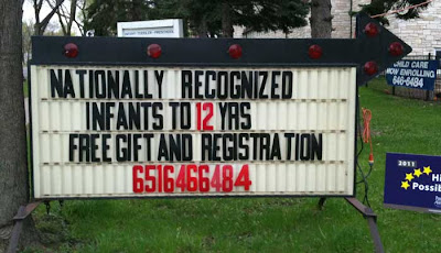 Letter board sign reading NATIONALLY RECOGNIZED INFANTS TO !2 YEARS 