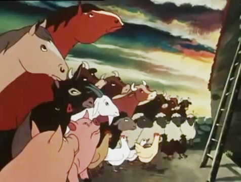 Los animales leen las normas de los cerdos en Rebelión en la Granja - Cine de Escritor