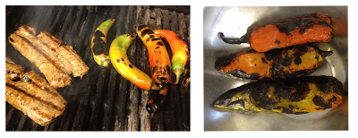 Photos of chorizo and hatch chiles being grilled