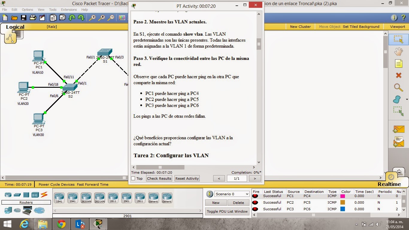 CCNA 3 Actividad 3.3.4 Configuración de las VLAN y los enlaces troncales
