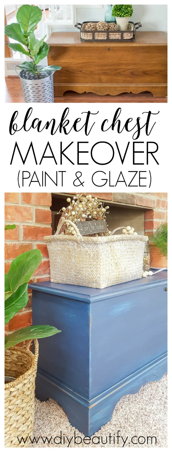 blanket chest makeover with DIY paint and glaze