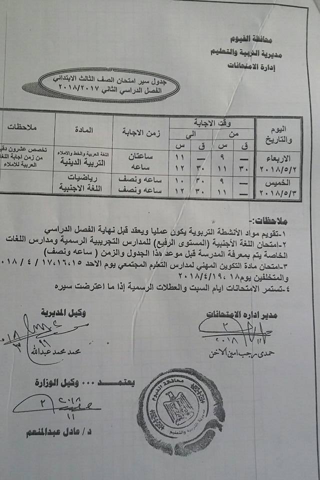 جداول امتحانات محافظة الفيوم الترم الثاني 2018 0%2B%25281%2529