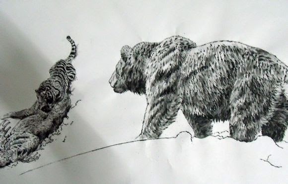 Historical Tiger Lion Fights: Siberian Tiger Kills Brown Bear Illustration
