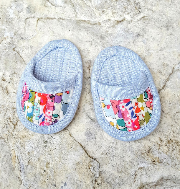 Patchwork doll slippers for American Girl doll by Heidi Staples of Fabric Mutt