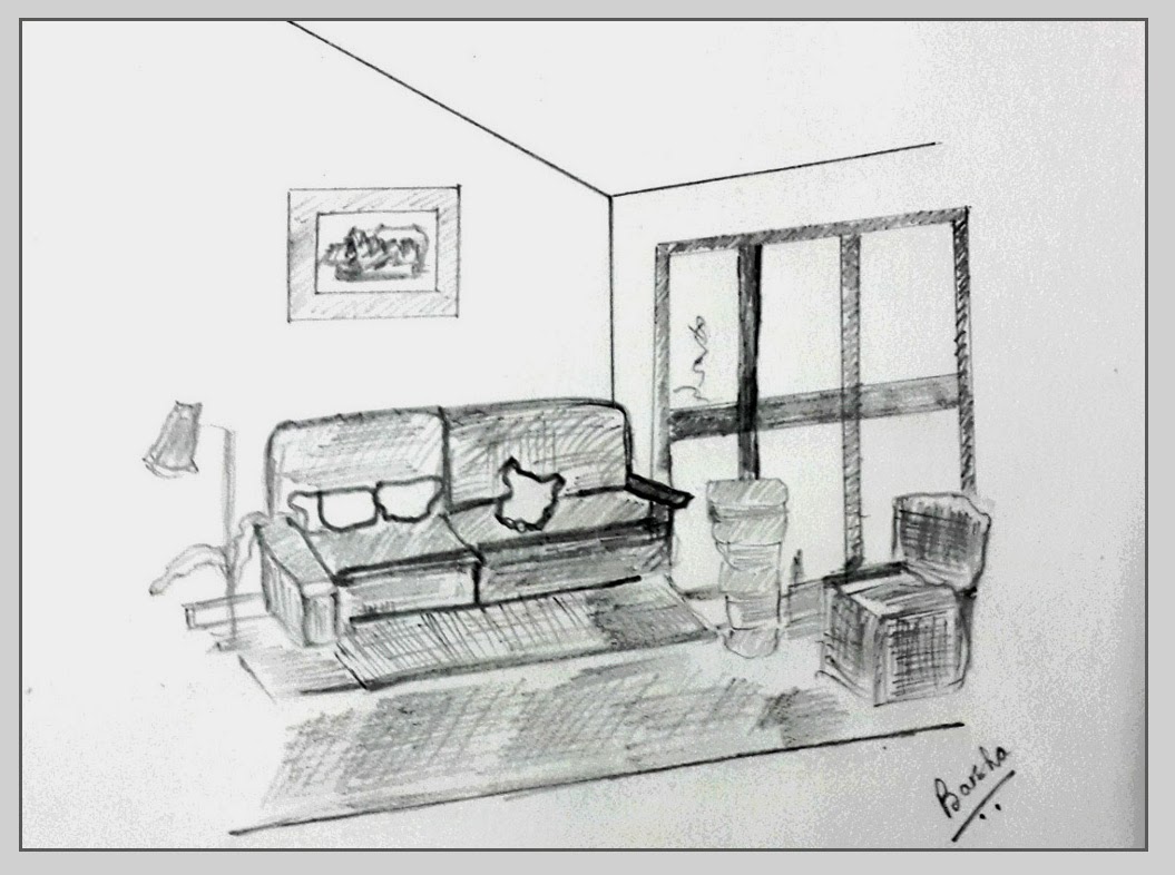 Barsha's painting: Ink & pencil sketch: Exterior, Interior & a Jug
