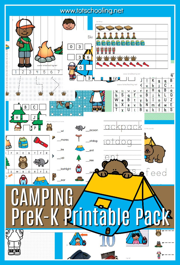 FREE Camping themed learning pack for preschool and kindergarten kids featuring bears, raccoons, tents, backpacks, hot dogs, s'mores, and more camping related fun! Great activity pack for kids who love to go camping!