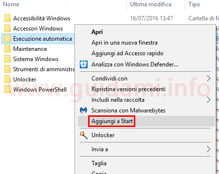 Windows 10 menu contestuale opzioni Aggiungi a Start