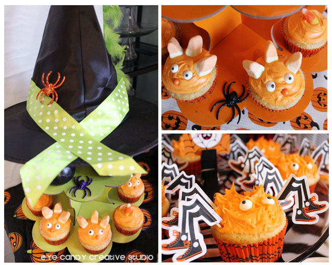 witches hat, monster cupcakes, spider cupcakes, dessert table
