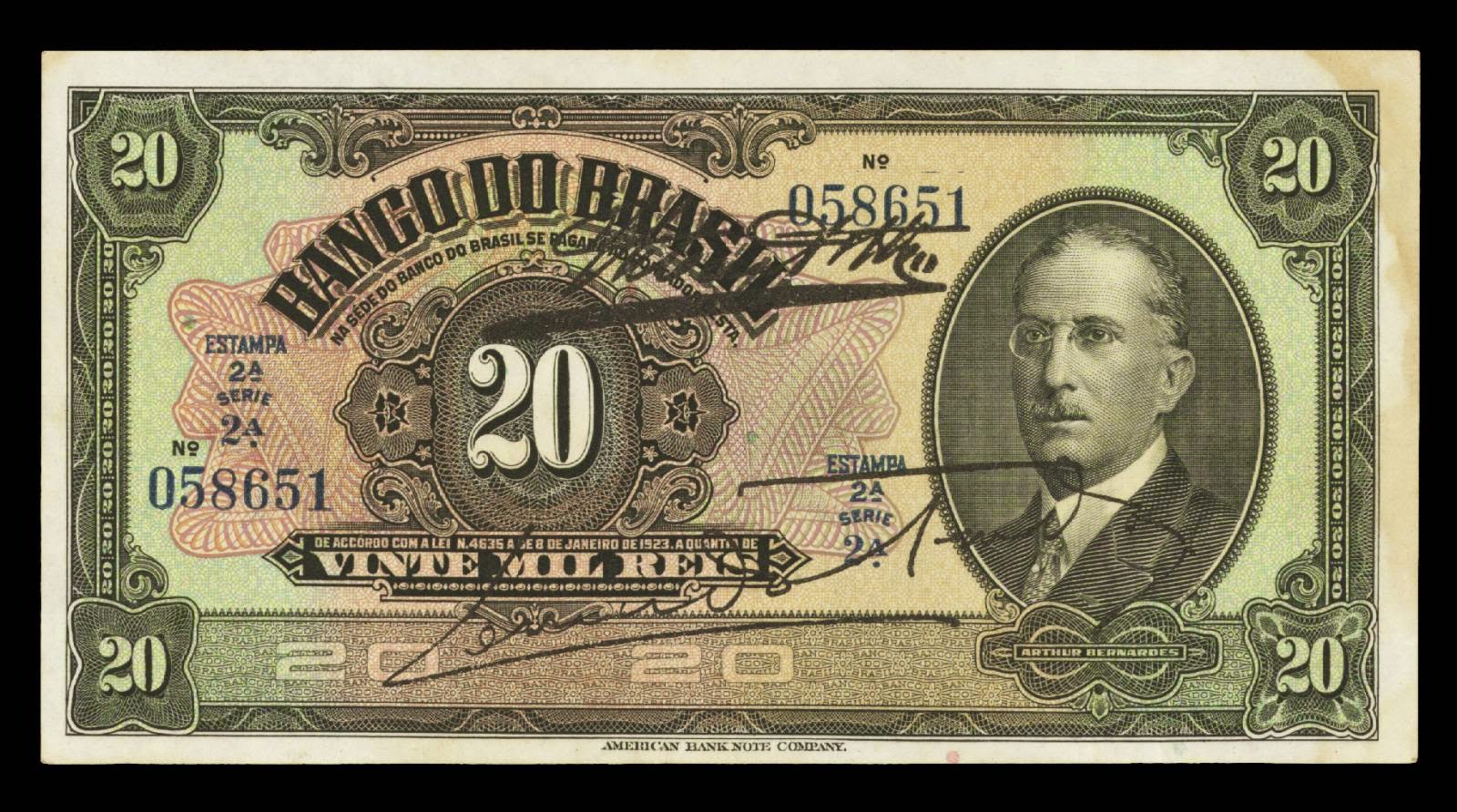 Brazil currency Paper Money 20 Mil Reis banknote bill
